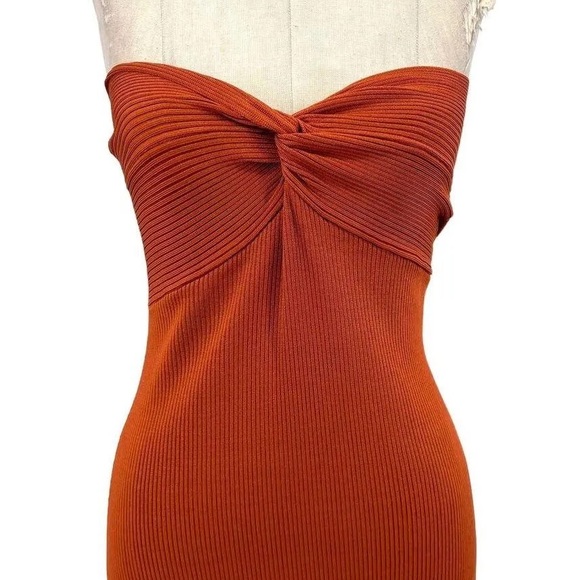 Cult Gaia Rust Orange Strapless Knit Twist Front Midi Dress Side Slit - Picture 3 of 8